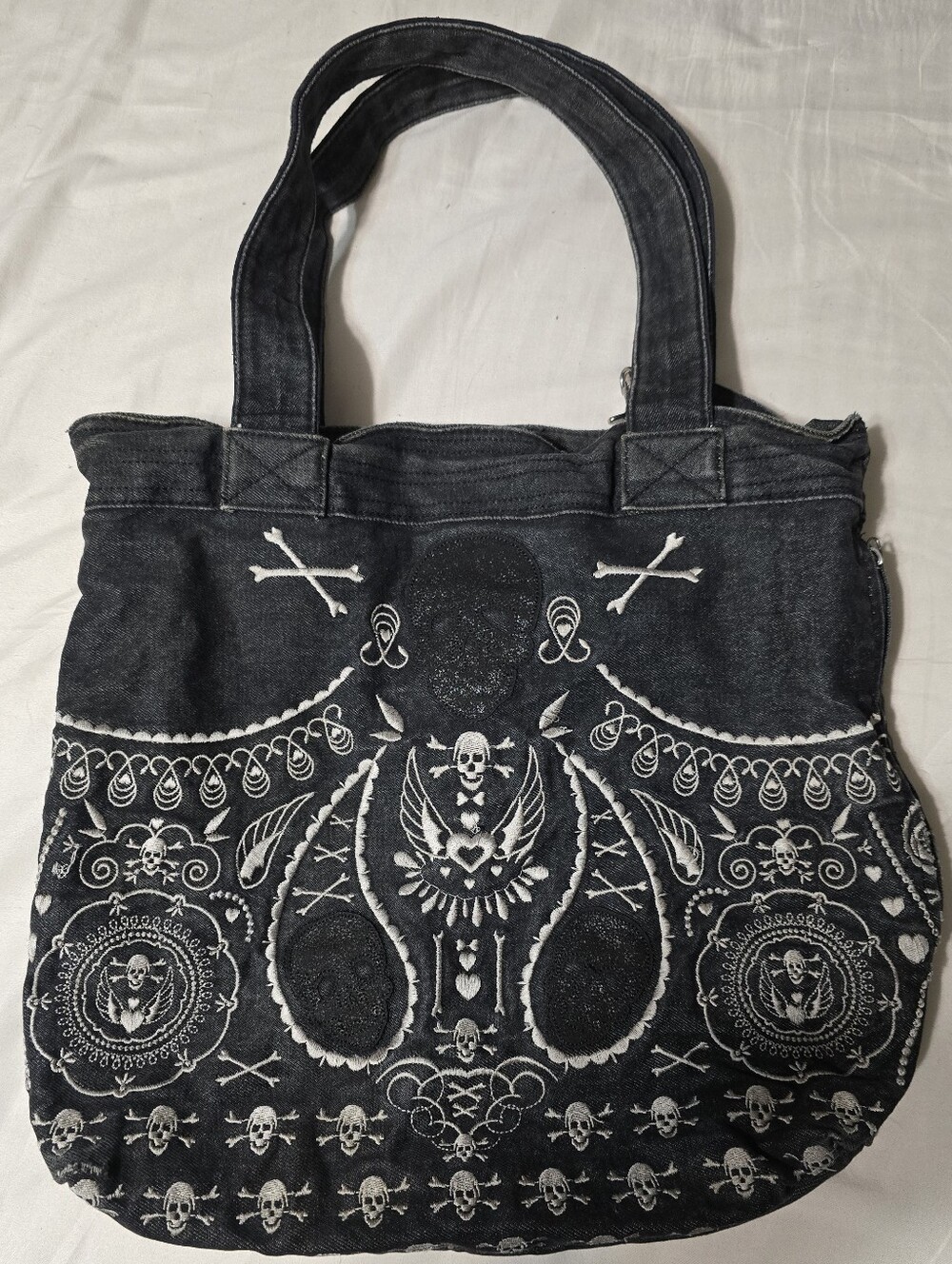 Black Skull Motif Denim Tote Bag - Unbranded
